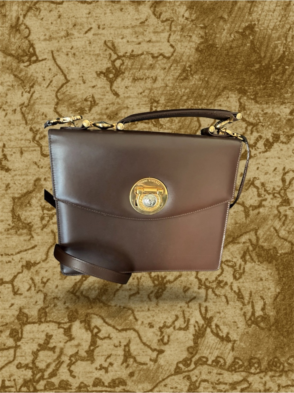 Gianni Versace Designer Brown Leather Top-Handle Shoulder Bag with Gold Hardware